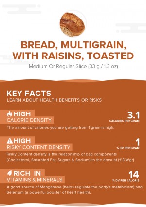 Bread, multigrain, with raisins, toasted