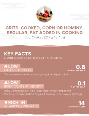 Grits, cooked, corn or hominy, regular, fat added in cooking