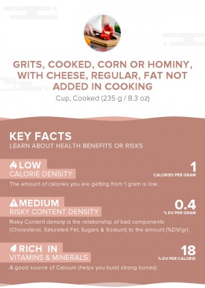 Grits, cooked, corn or hominy, with cheese, regular, fat not added in cooking