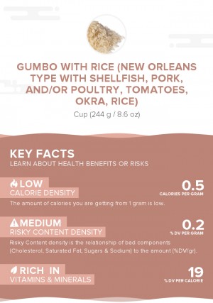 Gumbo with rice (New Orleans type with shellfish, pork, and/or poultry, tomatoes, okra, rice)