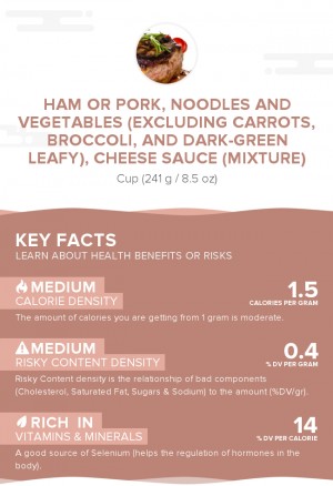 Ham or pork, noodles and vegetables (excluding carrots, broccoli, and dark-green leafy), cheese sauce (mixture)