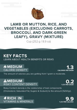 Lamb or mutton, rice, and vegetables (excluding carrots, broccoli, and dark-green leafy), gravy (mixture)