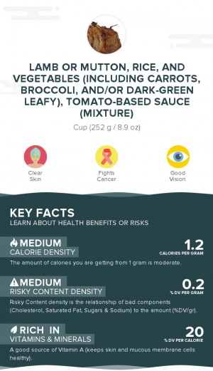 Lamb or mutton, rice, and vegetables (including carrots, broccoli, and/or dark-green leafy), tomato-based sauce (mixture)