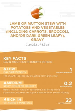 Lamb or mutton stew with potatoes and vegetables (including carrots, broccoli, and/or dark-green leafy), gravy