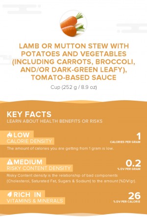 Lamb or mutton stew with potatoes and vegetables (including carrots, broccoli, and/or dark-green leafy), tomato-based sauce