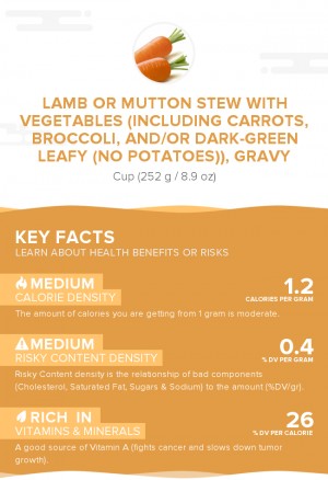 Lamb or mutton stew with vegetables (including carrots, broccoli, and/or dark-green leafy (no potatoes)), gravy