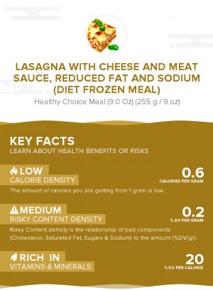 Lasagna with cheese and meat sauce, reduced fat and sodium (diet frozen meal)