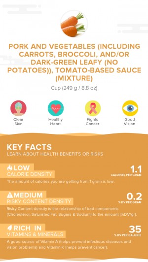 Pork and vegetables (including carrots, broccoli, and/or dark-green leafy (no potatoes)), tomato-based sauce (mixture)