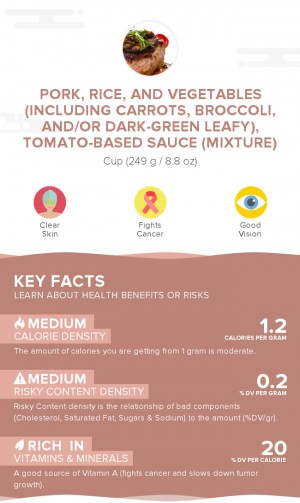 Pork, rice, and vegetables (including carrots, broccoli, and/or dark-green leafy), tomato-based sauce (mixture)